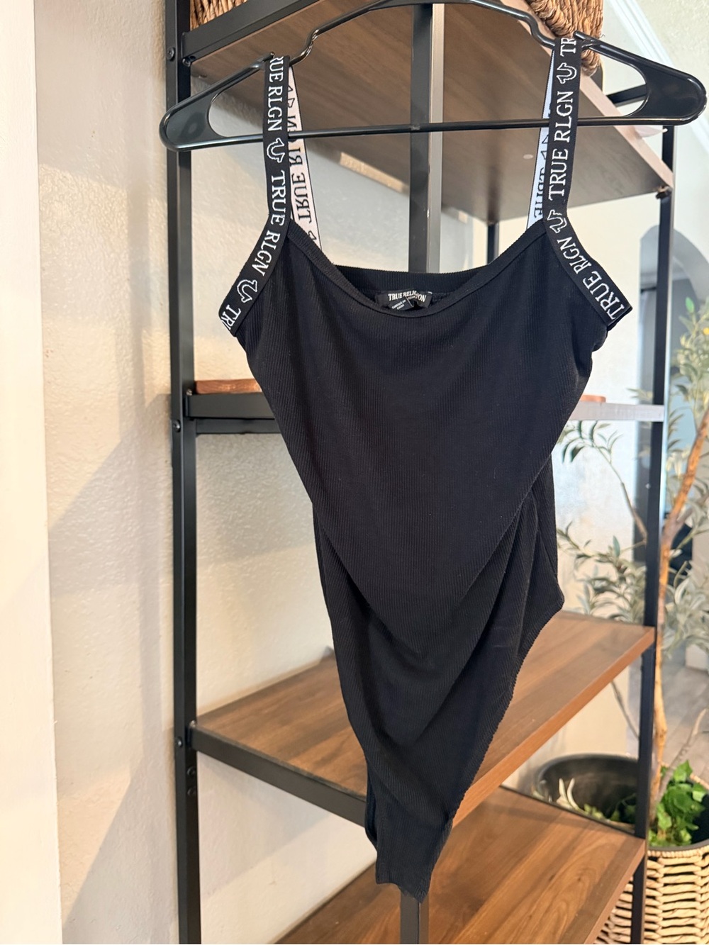 True Religion Black Ribbed Logo-Strap Bodysuit